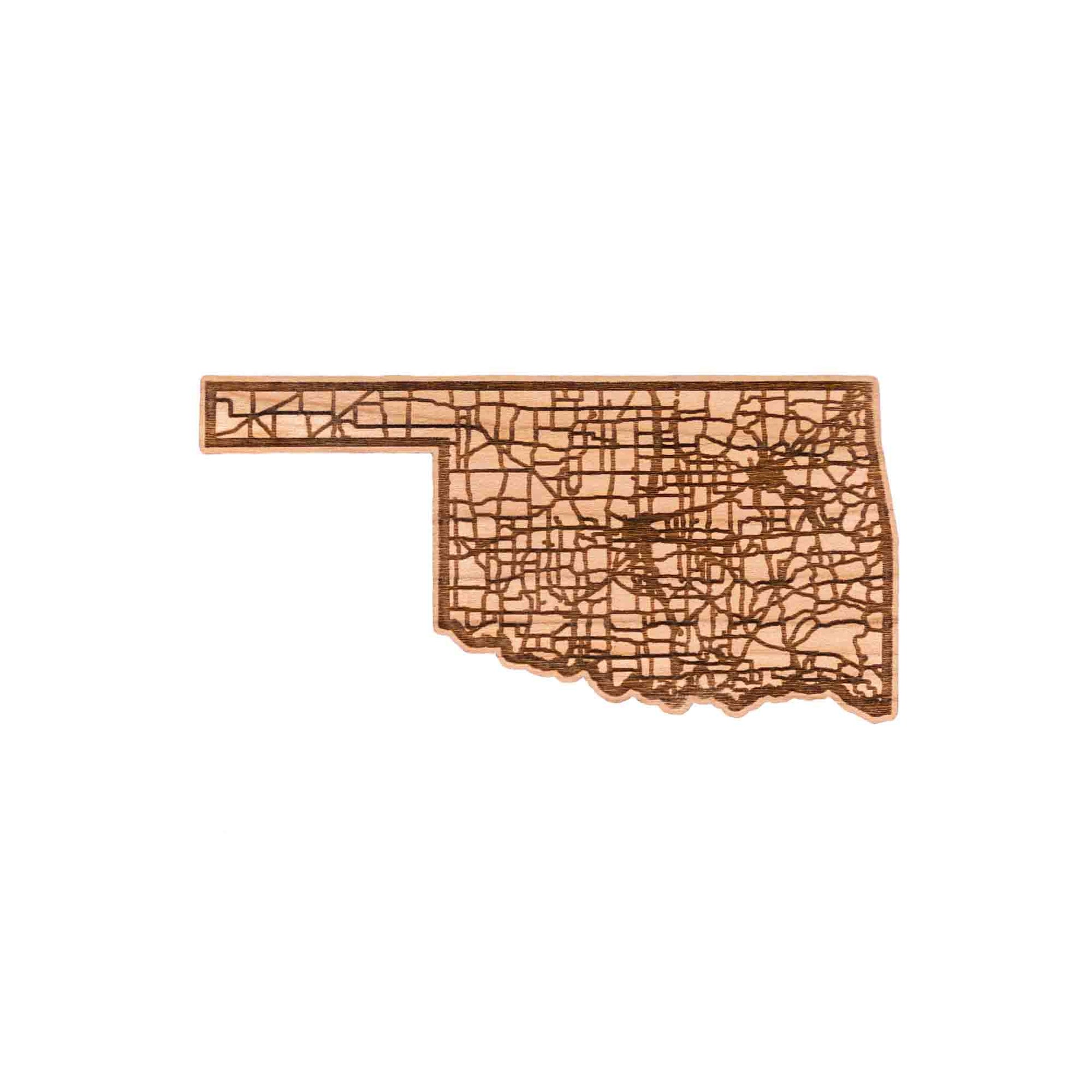A detailed wooden sticker featuring Oklahoma’s highway system, complete with a durable 3M adhesive backing.