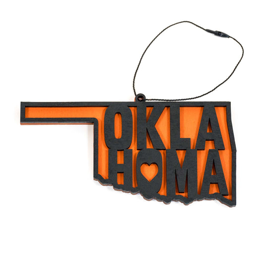 Oklahoma home wooden ornament in state shape with heart cutout, layered laser cut wood ornament with dark stained top and bright orange backing, Oklahoma gift or souvenir