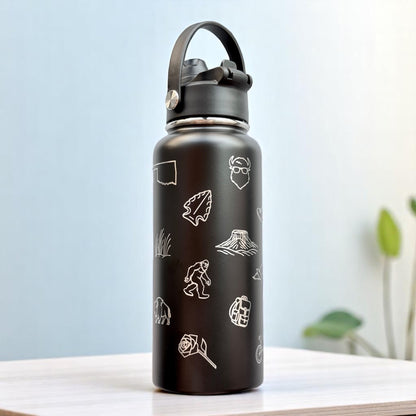Side view of black Oklahoma icons stainless steel water bottle with engraved bison rose and state outline
