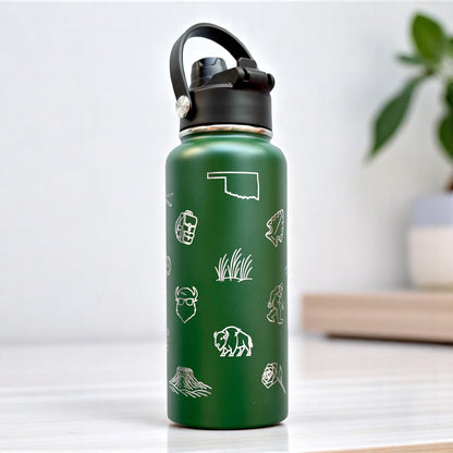 Green insulated Oklahoma water bottle with laser engraved icons and dual lid carry handle