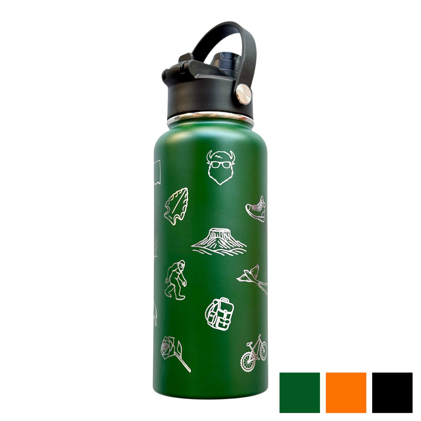 Green 32oz insulated stainless steel water bottle laser engraved with Oklahoma icons including state outline bison arrowhead rose and outdoor symbols