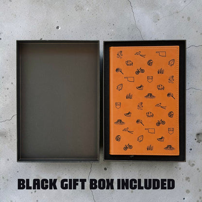Oklahoma icons leatherette journal displayed inside the included black gift box, ready for an Oklahoma gift, corporate gift or travel souvenir