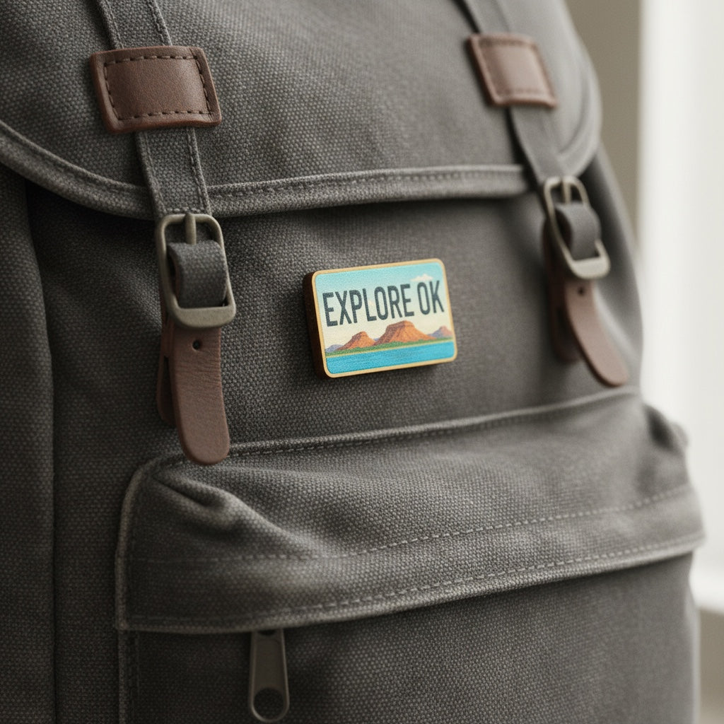 Oklahoma Explore OK lapel pin attached to gray backpack, travel themed souvenir pin for road trip gear, hiking bags, and Oklahoma adventure gifts
