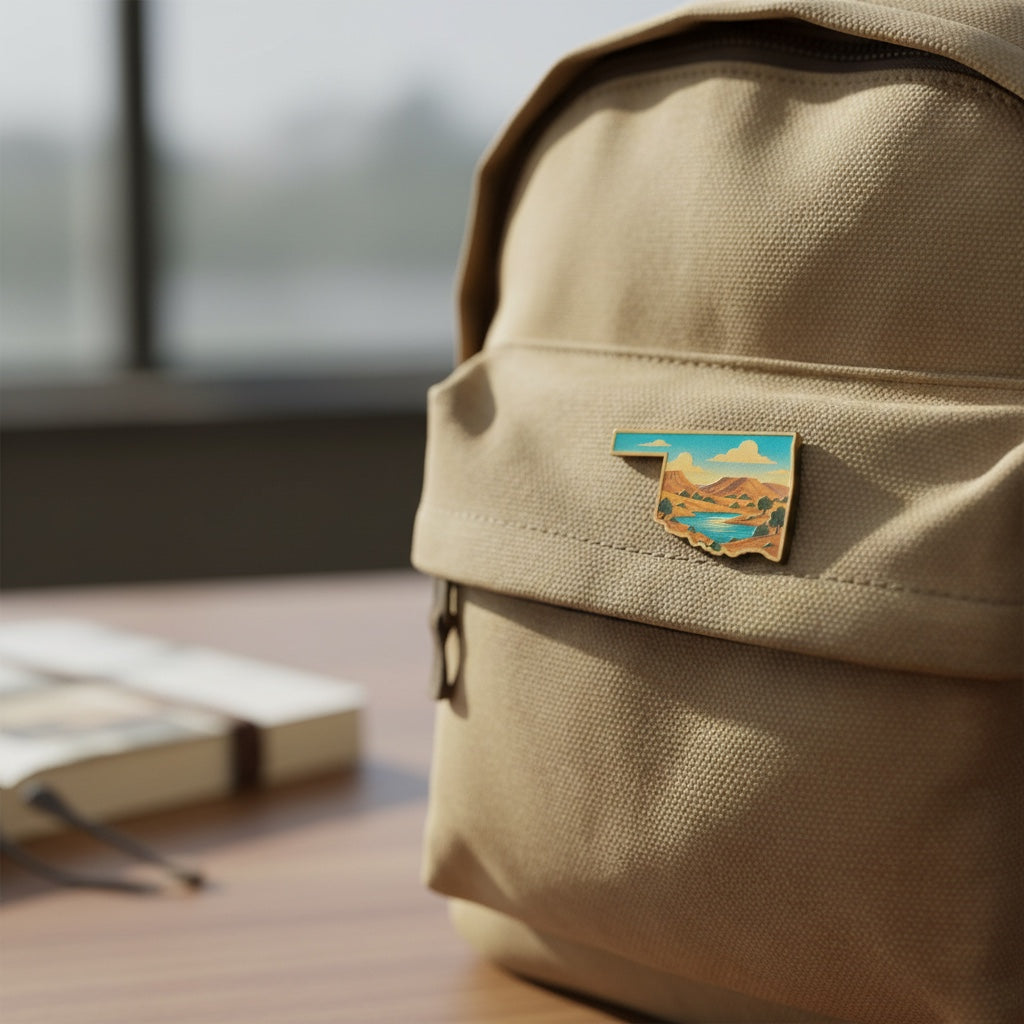 Oklahoma landscape wooden lapel pin attached to backpack, state shaped souvenir pin for travelers, hikers, lake lovers, and Oklahoma gift shoppers