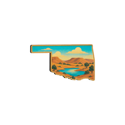 Eco Wood Birch Oklahoma lapel pin isolated on white background showing state shape with scenic lake and plateau landscape design