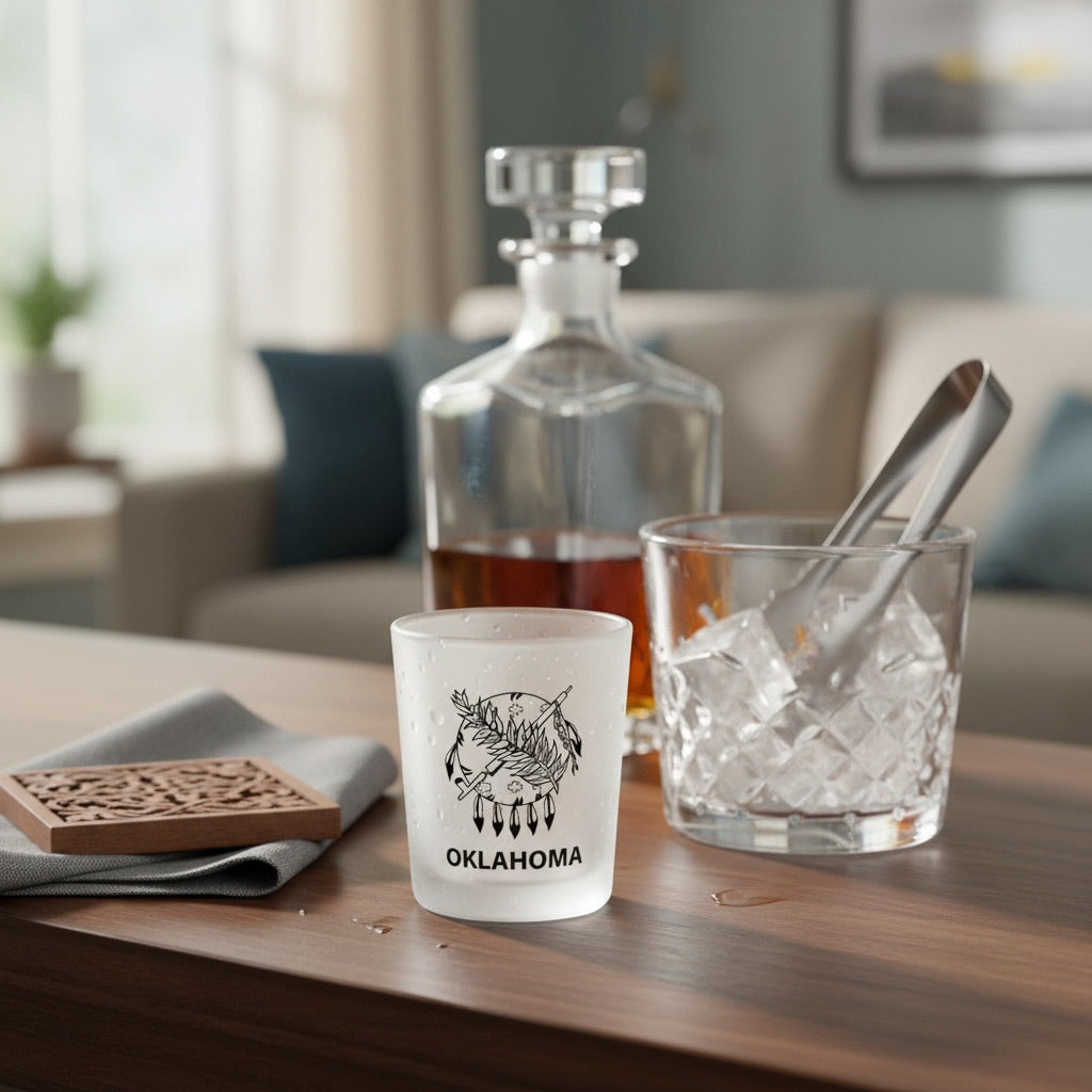 Oklahoma frosted lowball whiskey glass displayed beside a whiskey decanter and ice bucket, featuring Oklahoma state flag inspired artwork for entertaining and home bar decor.
