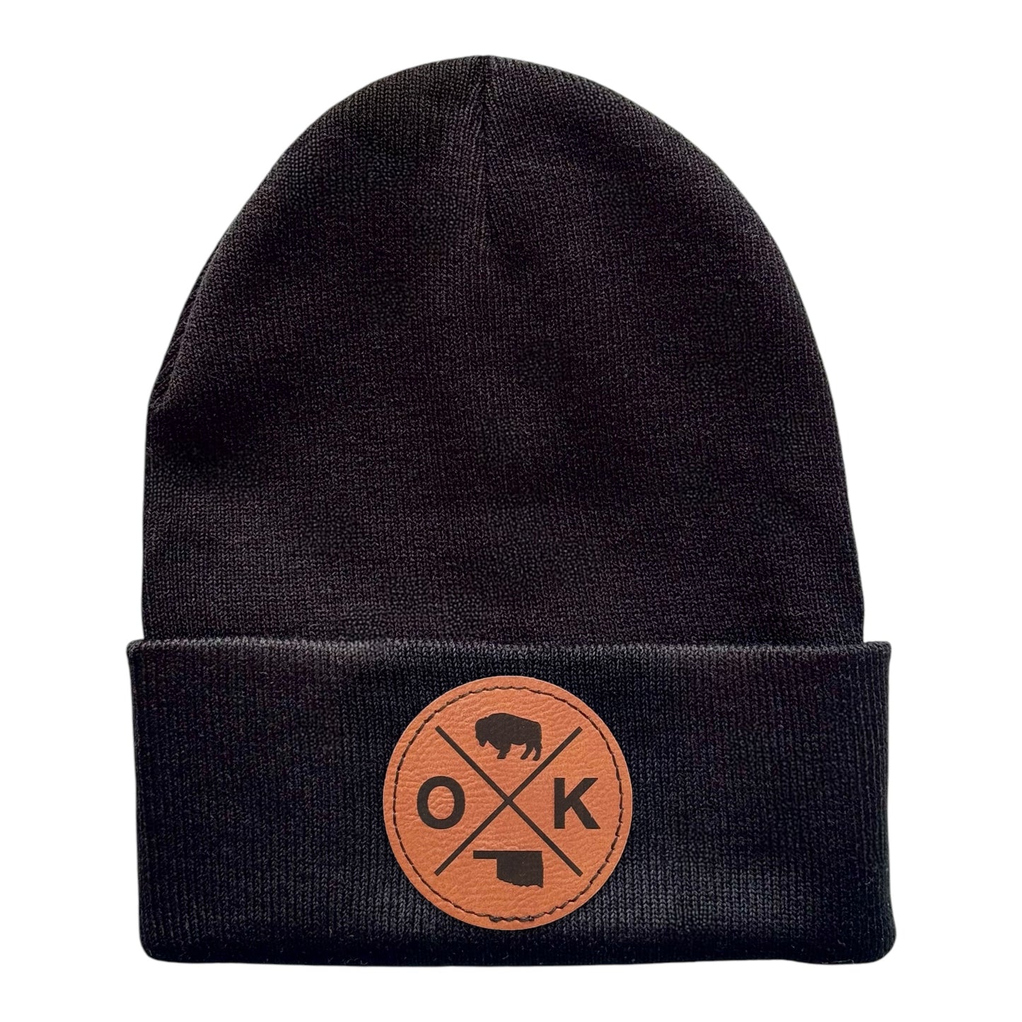 Black Oklahoma OK X beanie with engraved leatherette patch, knit cuffed hat featuring bison icon and Oklahoma state outline, Oklahoma souvenir beanie