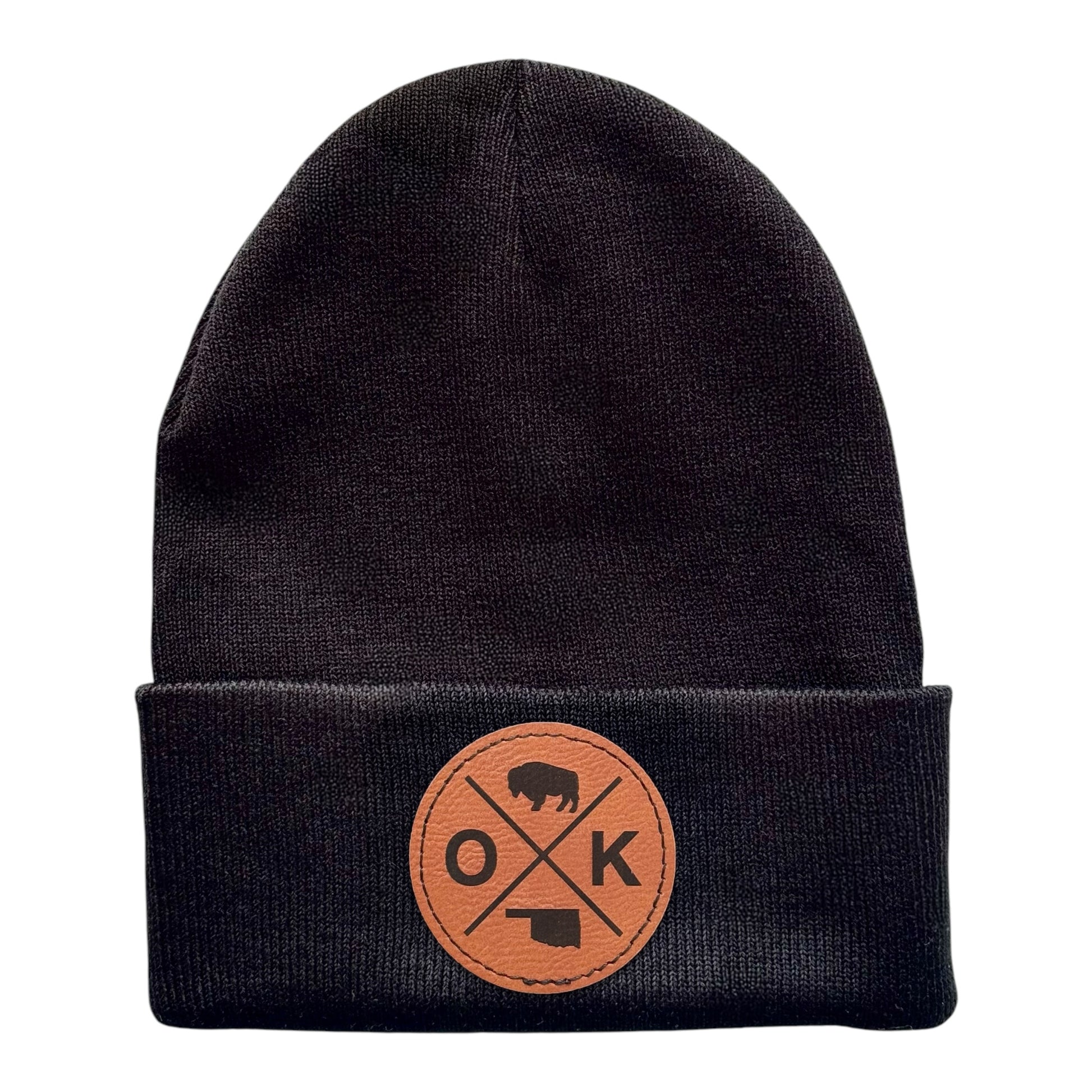 Black Oklahoma OK X beanie with engraved leatherette patch, knit cuffed hat featuring bison icon and Oklahoma state outline, Oklahoma souvenir beanie