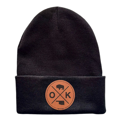 Black Oklahoma OK X beanie with engraved leatherette patch, knit cuffed hat featuring bison icon and Oklahoma state outline, Oklahoma souvenir beanie