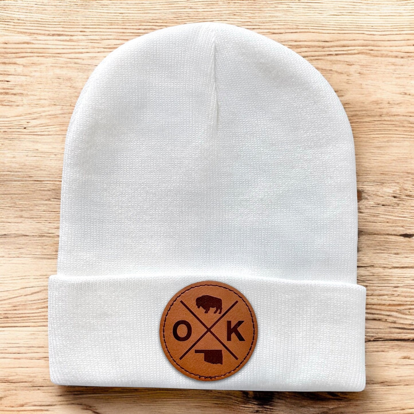 White Oklahoma OK X beanie with leatherette patch, knit winter hat with engraved OK X design, Oklahoma travel gift
