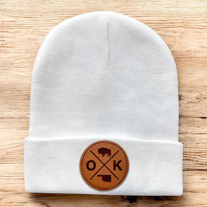 White Oklahoma OK X beanie with leatherette patch, knit winter hat with engraved OK X design, Oklahoma travel gift
