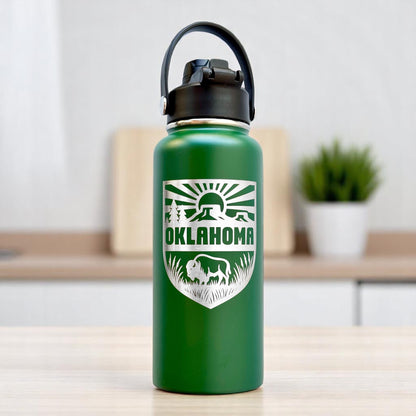 Green Oklahoma outdoor adventure 32oz insulated water bottle with engraved bison prairie and sun design