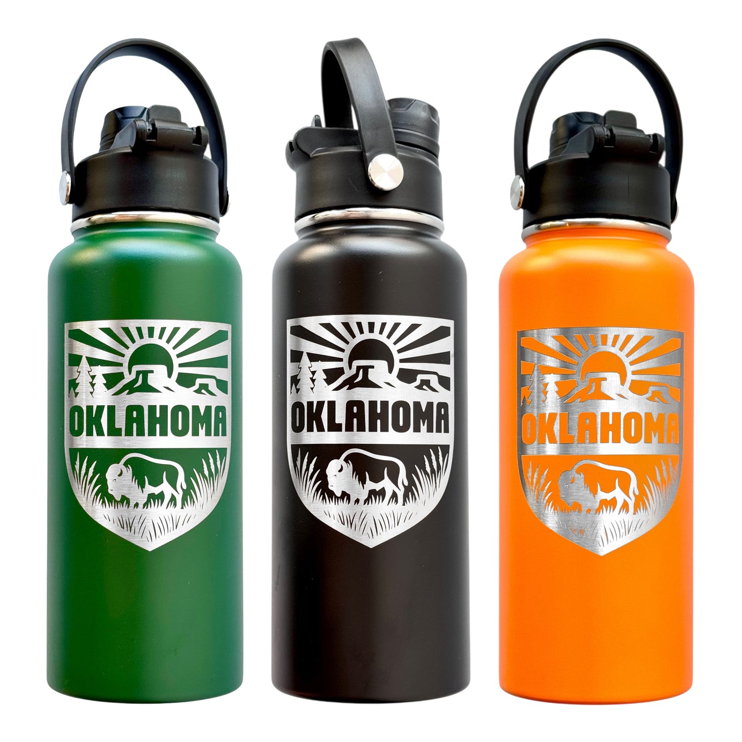 Green black and orange Oklahoma outdoor adventure water bottles showing multiple color options and engraved shield designs