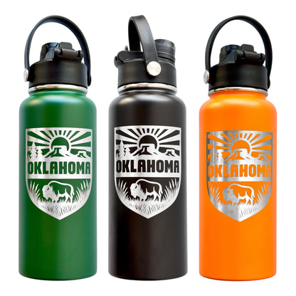Green black and orange Oklahoma outdoor adventure water bottles showing multiple color options and engraved shield designs