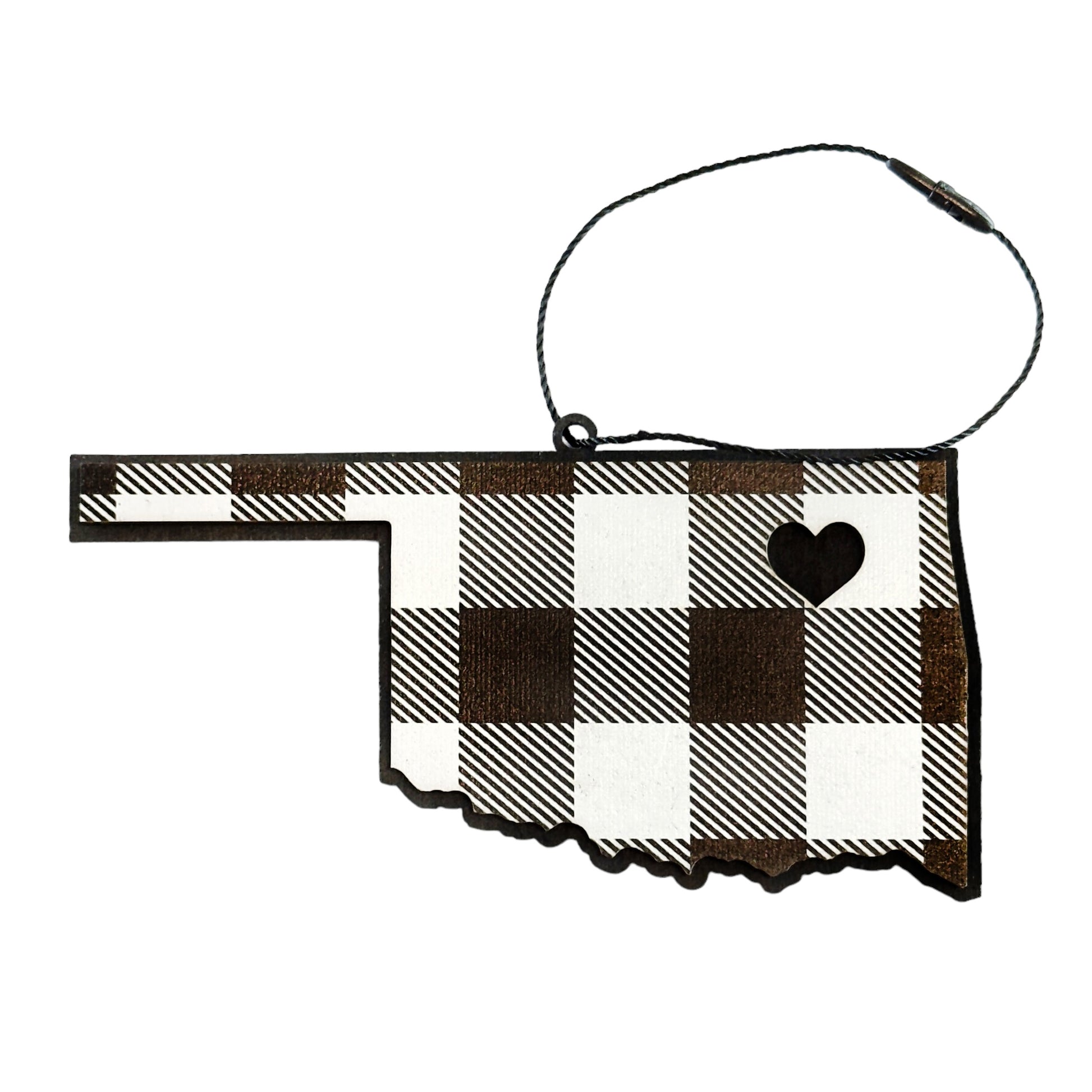 Oklahoma plaid wooden ornament in state shape with heart cutout marking home, black and white plaid wood ornament designed as an Oklahoma gift or souvenir