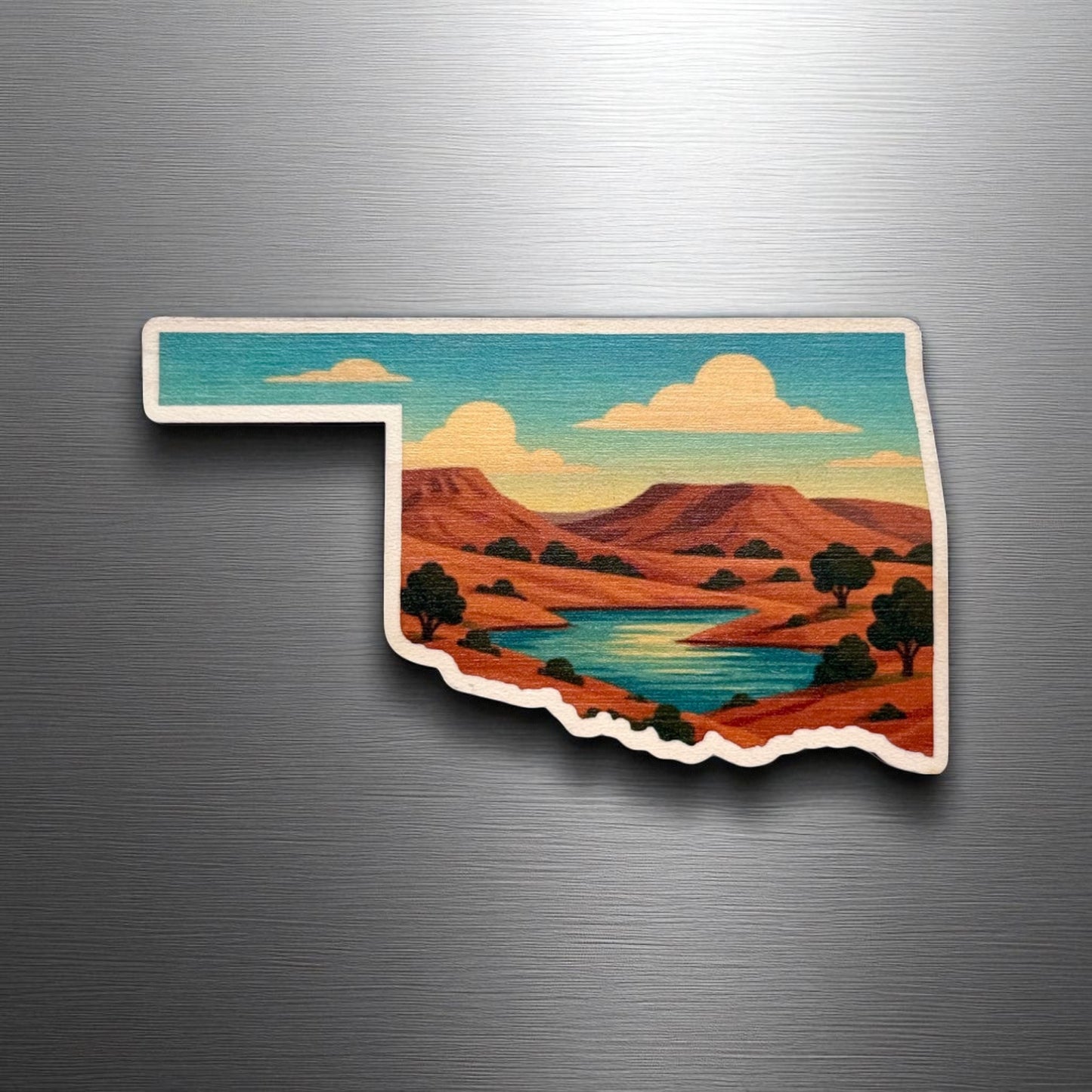 Oklahoma Plateaus wooden magnet displayed on a metal surface, state shaped magnet with scenic plateau landscape and natural wood edge