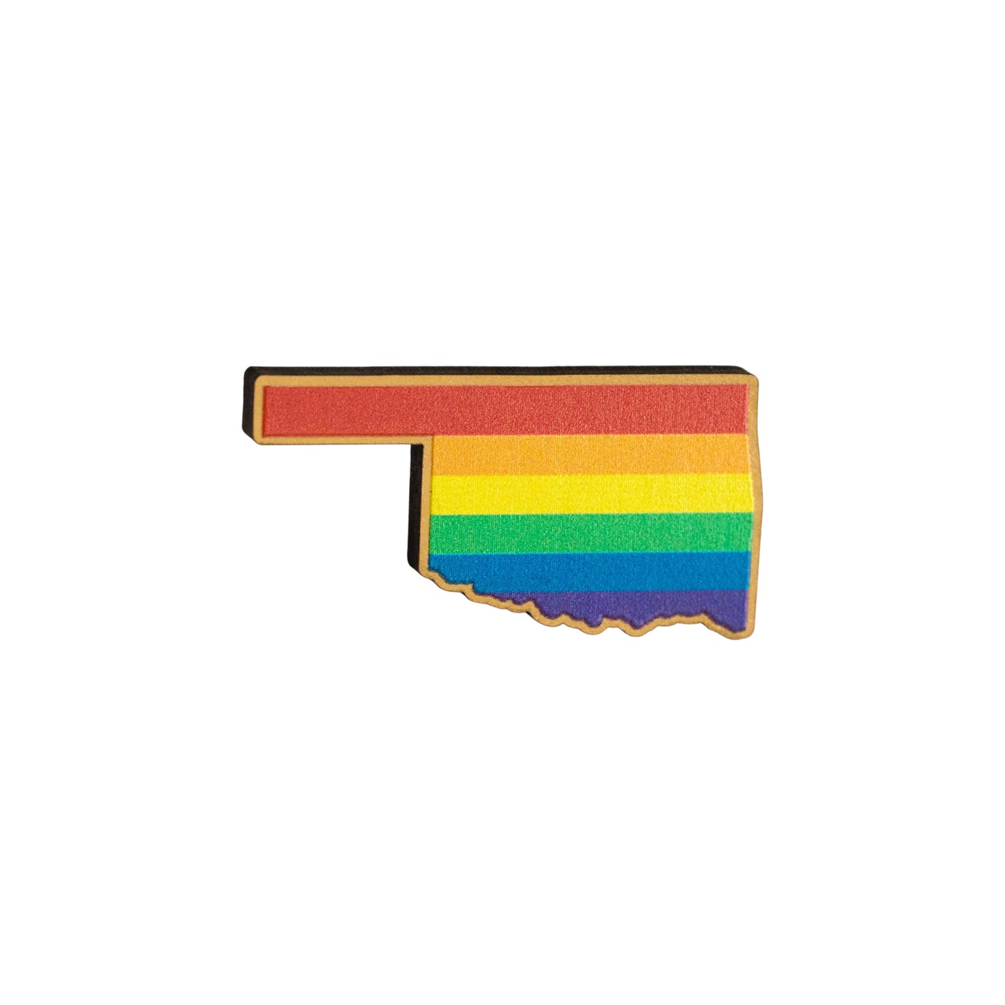 Eco Wood Birch Oklahoma Pride lapel pin isolated on white background showing rainbow striped Oklahoma state design