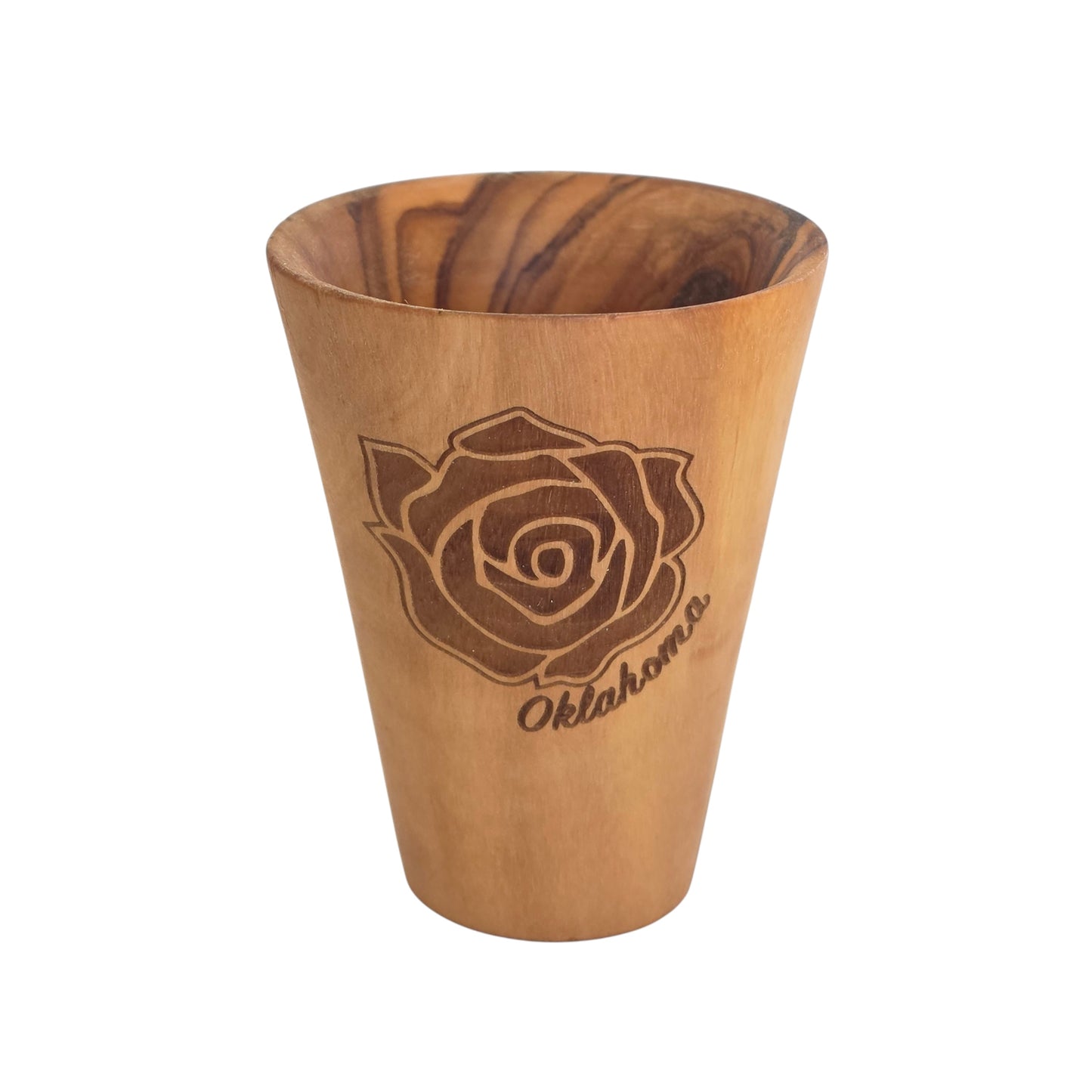Oklahoma Rose olive wood shot glass with engraved rose design, handcrafted wooden shot glass made from olive wood for Oklahoma souvenir or gift
