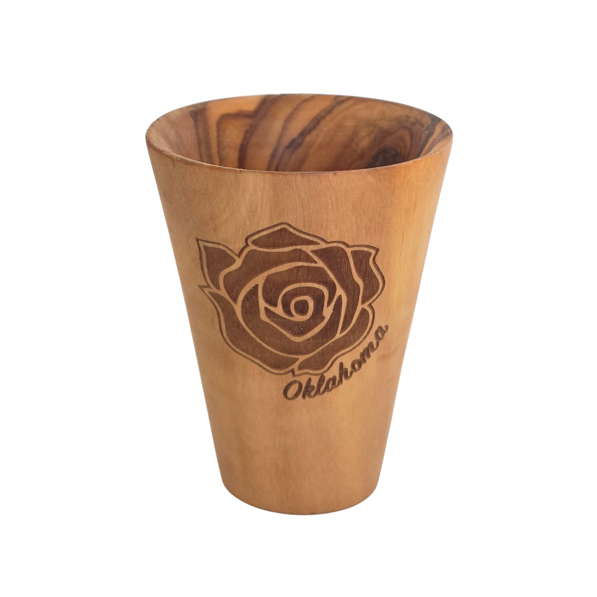 Oklahoma Rose olive wood shot glass with engraved rose design, handcrafted wooden shot glass made from olive wood for Oklahoma souvenir or gift