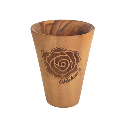 Oklahoma Rose olive wood shot glass with engraved rose design, handcrafted wooden shot glass made from olive wood for Oklahoma souvenir or gift