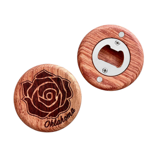 Oklahoma rose red beech wood magnetic bottle opener showing laser engraved state rose design on round wood opener, Oklahoma souvenir and Route 66 gift
