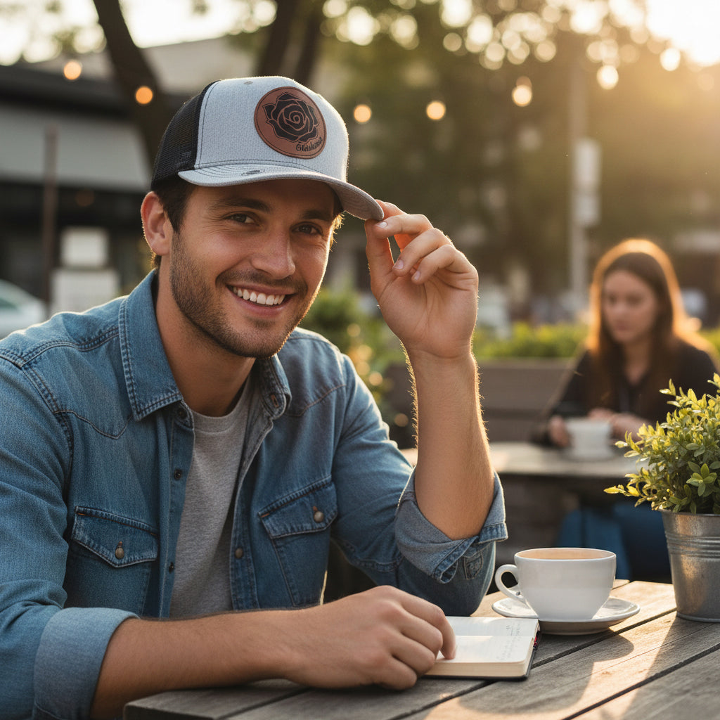Lifestyle photo of person wearing Oklahoma Rose Rock trucker hat with engraved leatherette patch, casual outdoor Oklahoma souvenir hat