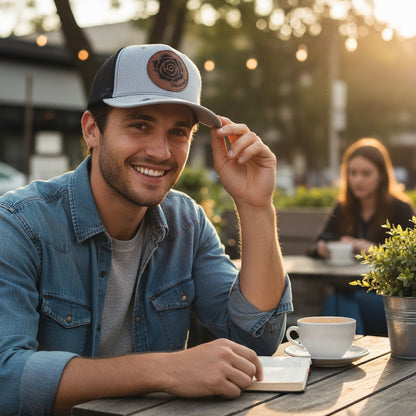 Lifestyle photo of person wearing Oklahoma Rose Rock trucker hat with engraved leatherette patch, casual outdoor Oklahoma souvenir hat