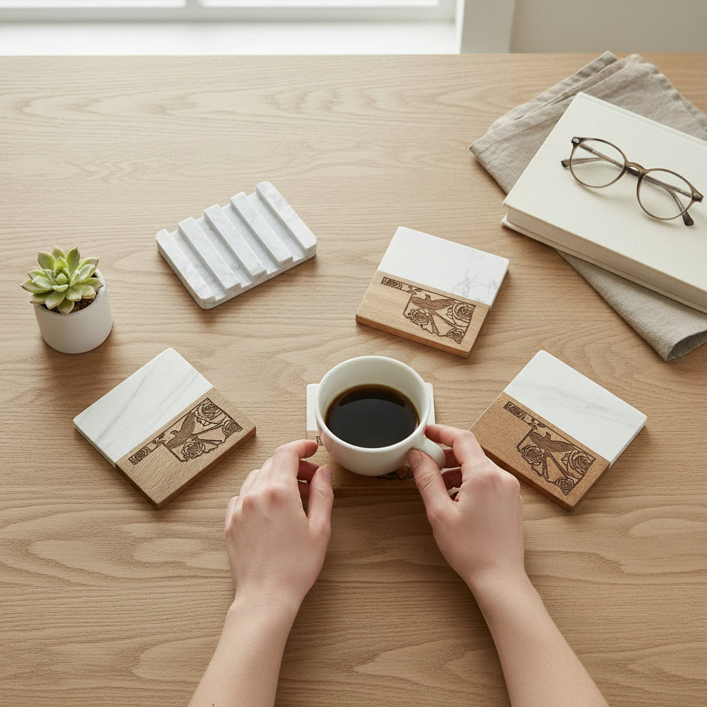 Oklahoma rose and scissortail flycatcher marble and wood coaster 4 pack flat lay on wood table with coffee cup, square marble and acacia wood coasters with engraved Oklahoma design, gift set for Oklahoma home decor, wedding gifts, and USA souvenir collectors