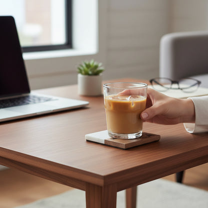 Oklahoma rose and scissortail flycatcher marble and wood coaster on desk with iced coffee glass, square natural marble top and engraved wood base drink coaster, Oklahoma gift for housewarming, office decor, and USA souvenir shoppers