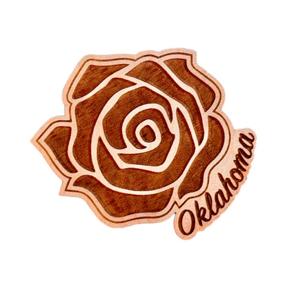 Oklahoma rose wooden magnet showing laser engraved state flower design with natural wood grain and engraved Oklahoma script