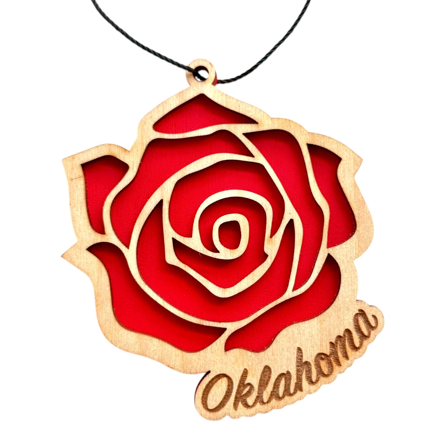 Oklahoma rose wooden ornament with layered design showing natural wood rose over red backing and engraved Oklahoma text, state flower ornament