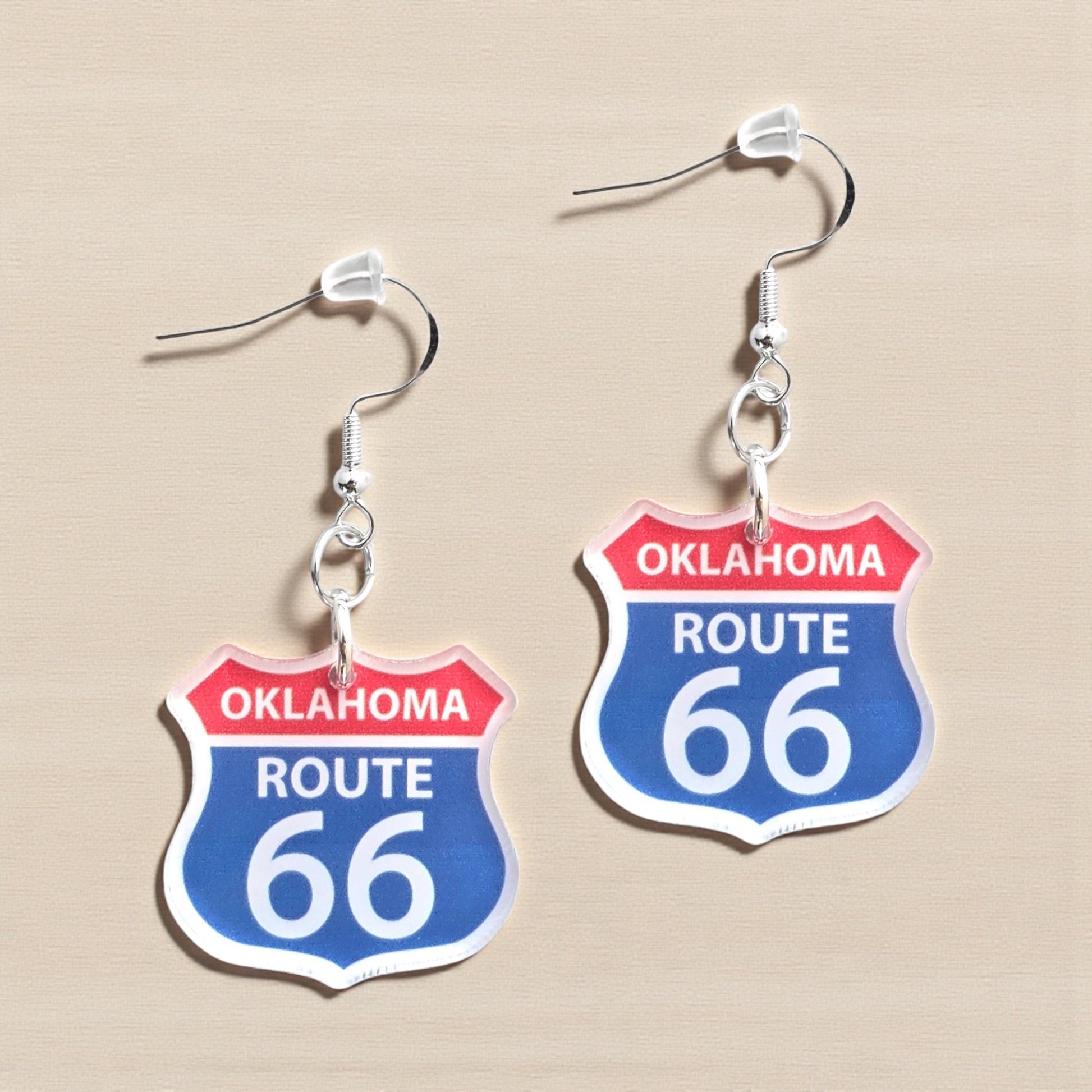 Oklahoma Route 66 acrylic earrings with printed highway shield design in red, white, and blue, lightweight hypoallergenic earrings for Route 66 travel souvenir