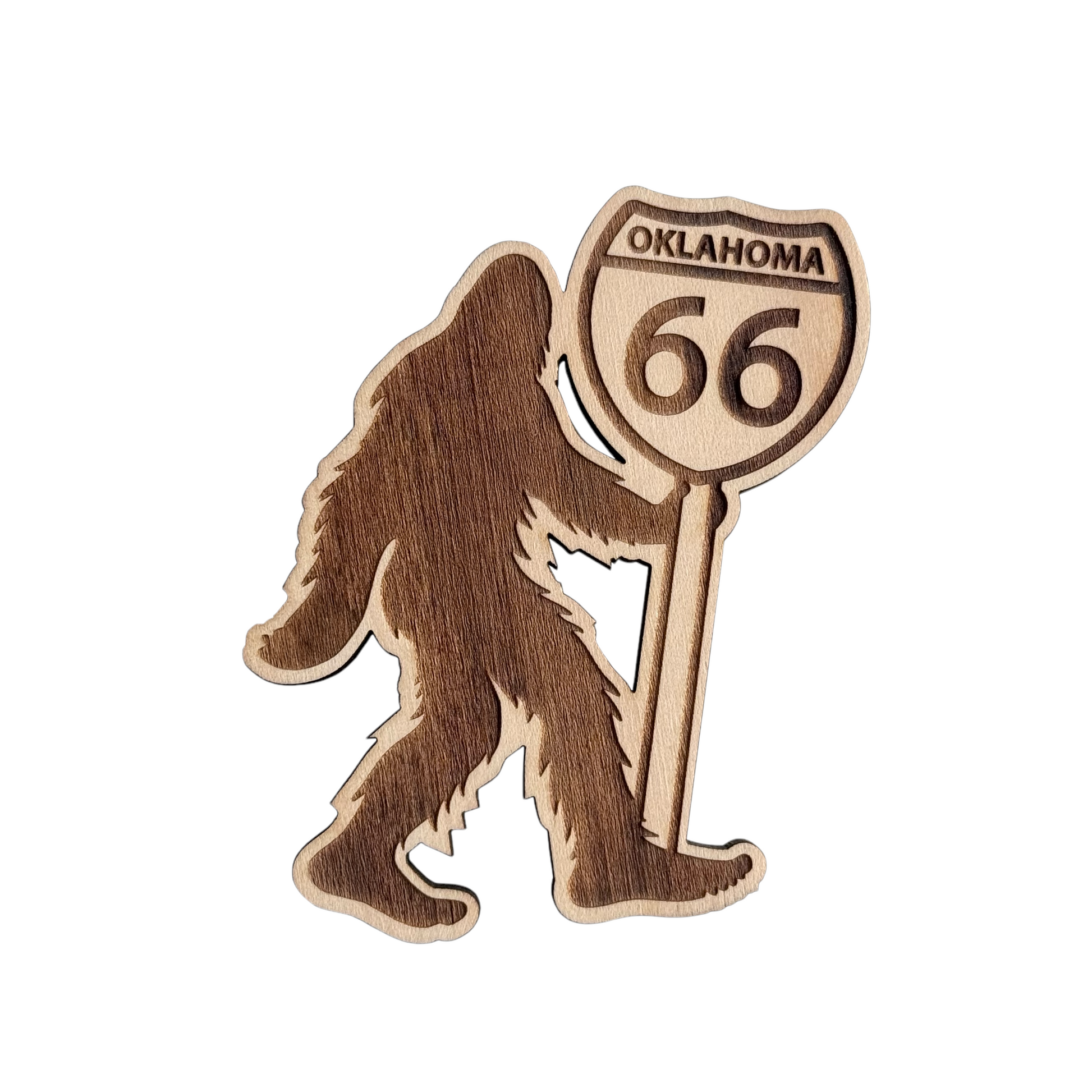 Oklahoma Route 66 Bigfoot wooden magnet showing Sasquatch silhouette holding an Oklahoma 66 highway shield, laser cut layered wood magnet for Oklahoma souvenir or Route 66 gift
