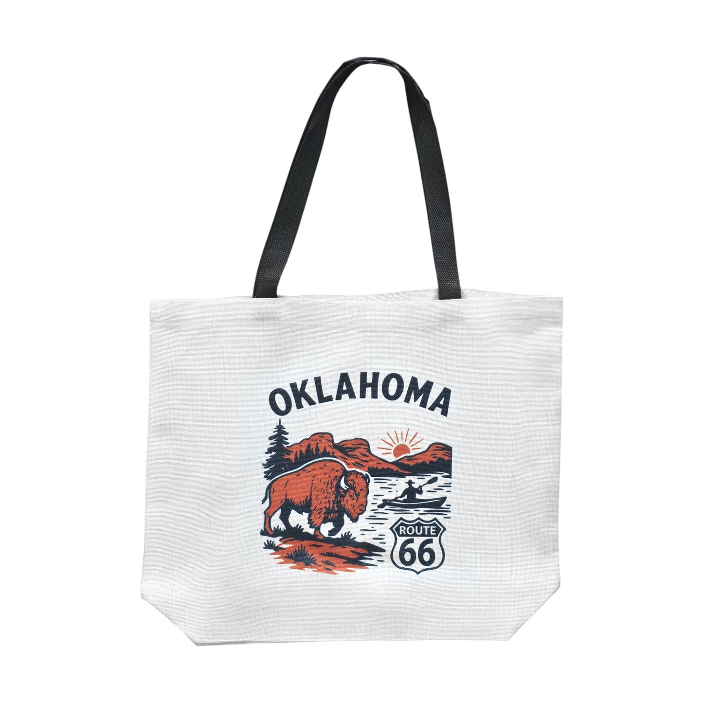 Oklahoma Route 66 tote bag with bison adventure graphic, reusable Oklahoma tote featuring bison, river scene, and Route 66 shield