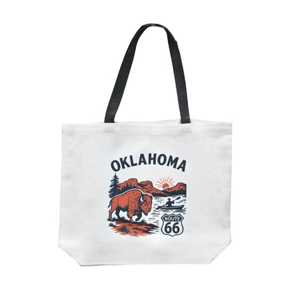 Oklahoma Route 66 tote bag with bison adventure graphic, reusable Oklahoma tote featuring bison, river scene, and Route 66 shield