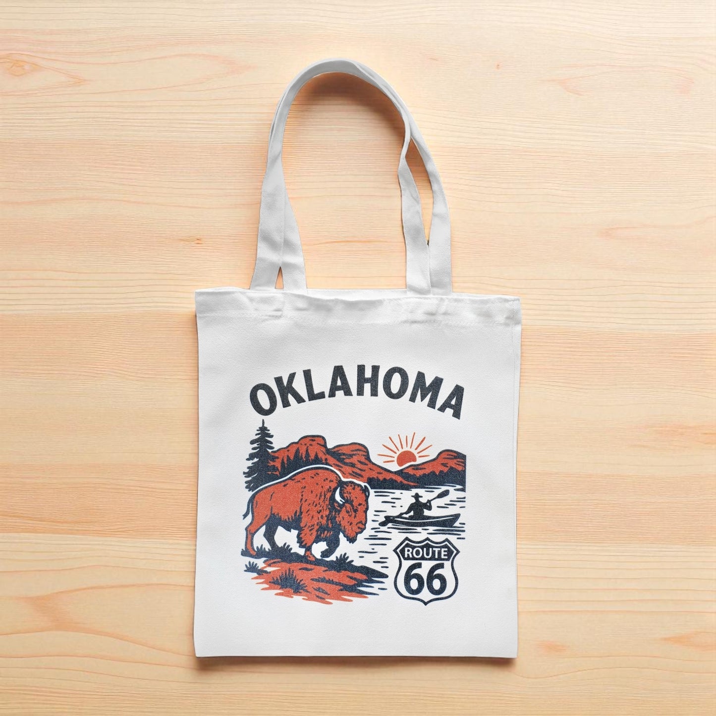 Small Oklahoma Route 66 tote bag with bison adventure artwork, compact reusable tote for shopping or travel souvenirs
