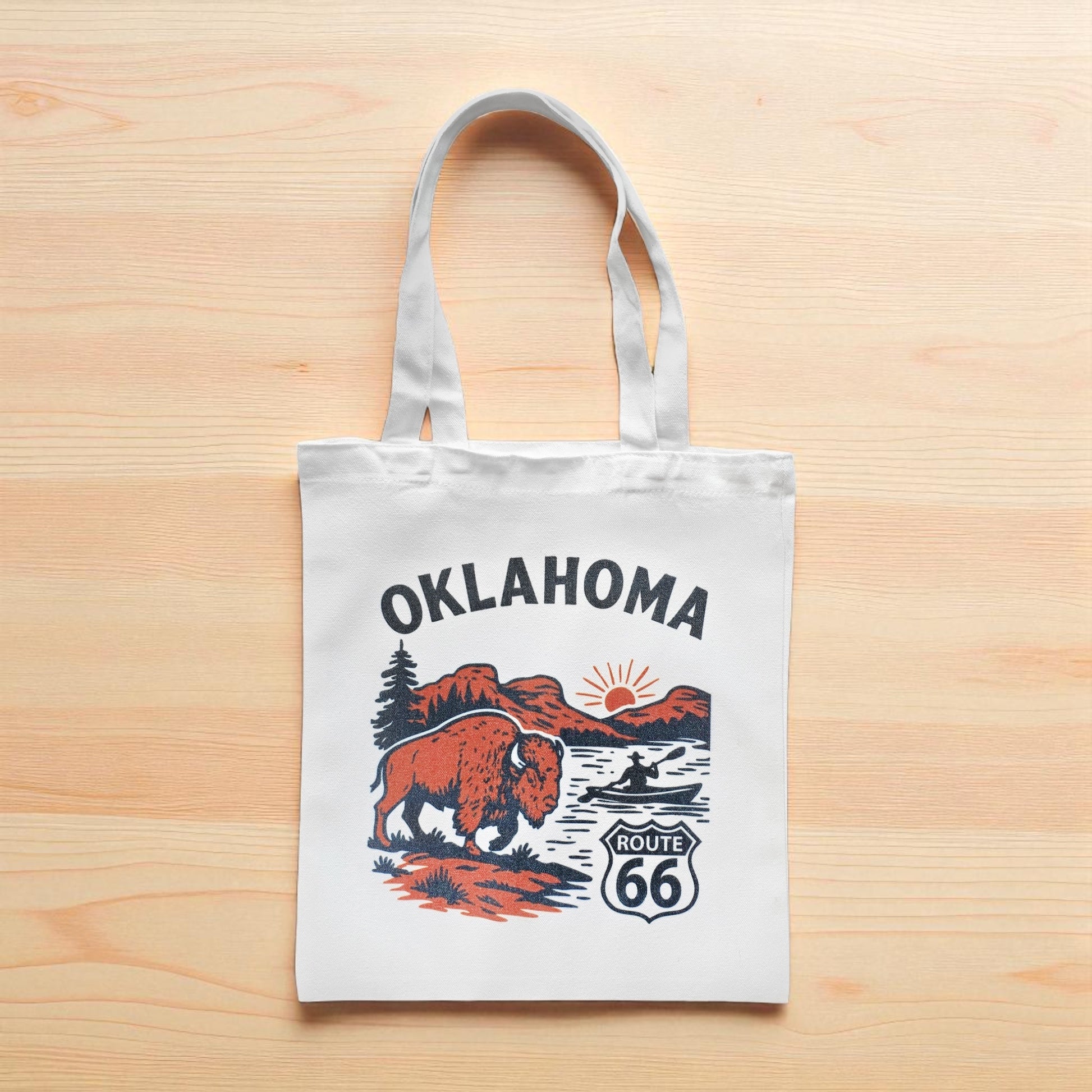 Small Oklahoma Route 66 tote bag with bison adventure artwork, compact reusable tote for shopping or travel souvenirs
