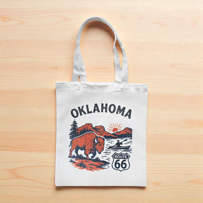 Small Oklahoma Route 66 tote bag with bison adventure artwork, compact reusable tote for shopping or travel souvenirs