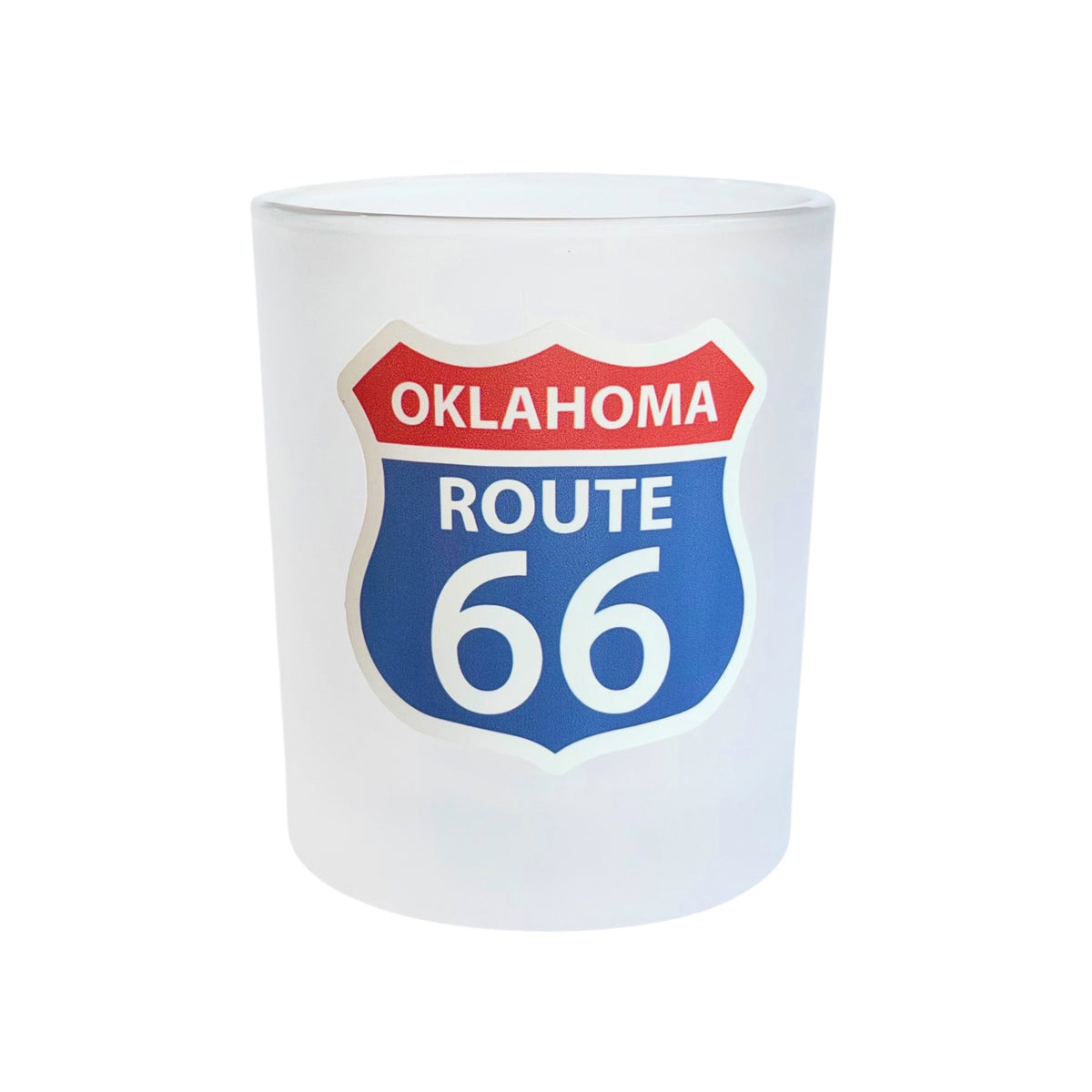 Frosted 8 oz lowball glass with Oklahoma Route 66 highway shield UV printed in red, white, and blue, designed as drinkware for Route 66 travelers, collectors, and Oklahoma gift buyers