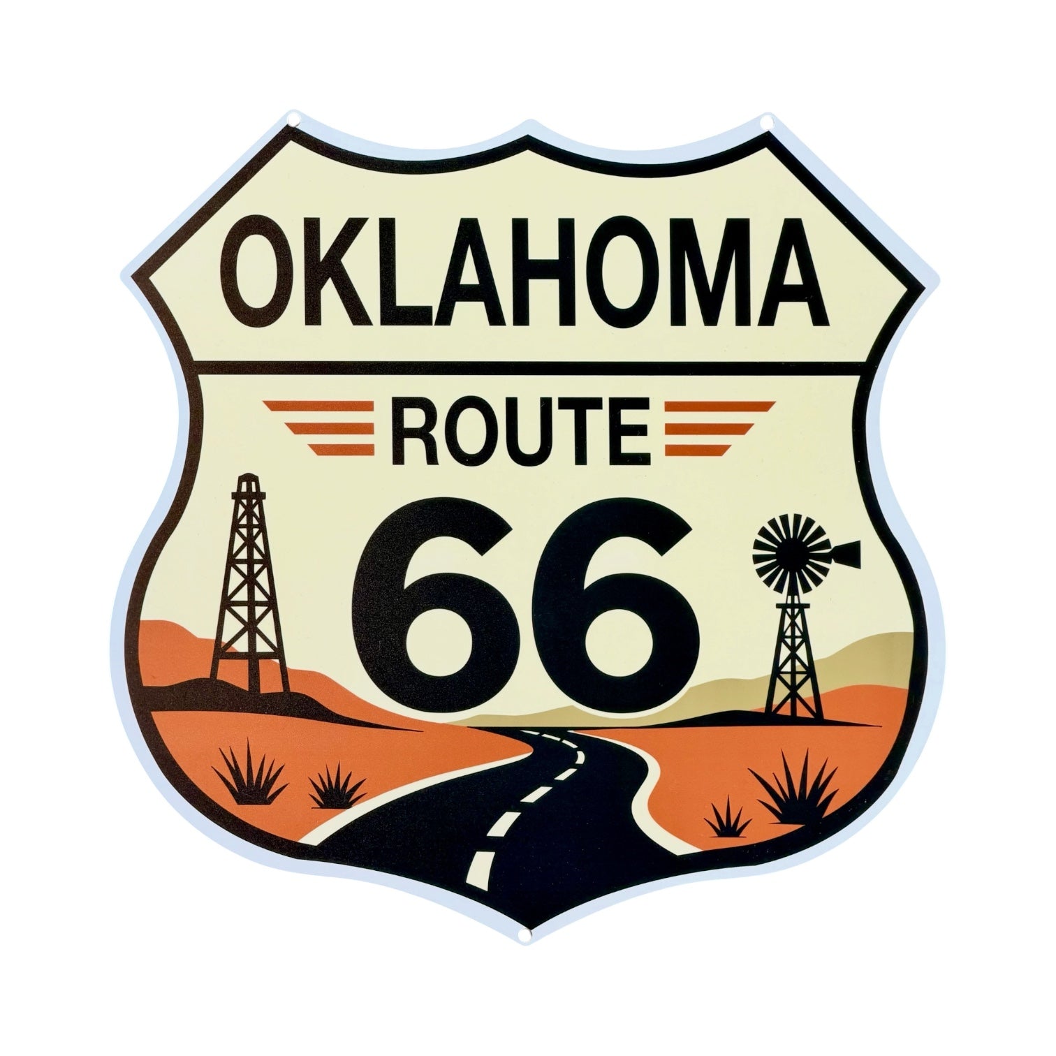 Oklahoma Route 66 metal wall sign featuring a classic highway shield with desert landscape, winding road, oil derrick, and windmill on a white background. Full color Route 66 wall decor for Oklahoma travel gifts, road trip souvenirs, and home decoration.