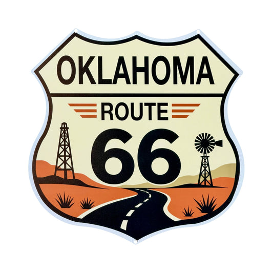 Oklahoma Route 66 metal wall sign featuring a classic highway shield with desert landscape, winding road, oil derrick, and windmill on a white background. Full color Route 66 wall decor for Oklahoma travel gifts, road trip souvenirs, and home decoration.