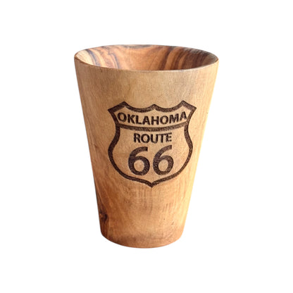 Oklahoma Route 66 olive wood shot glass with engraved Route 66 shield, solid wood shot glass souvenir from Oklahoma