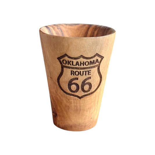 Oklahoma Route 66 olive wood shot glass with engraved Route 66 shield, solid wood shot glass souvenir from Oklahoma