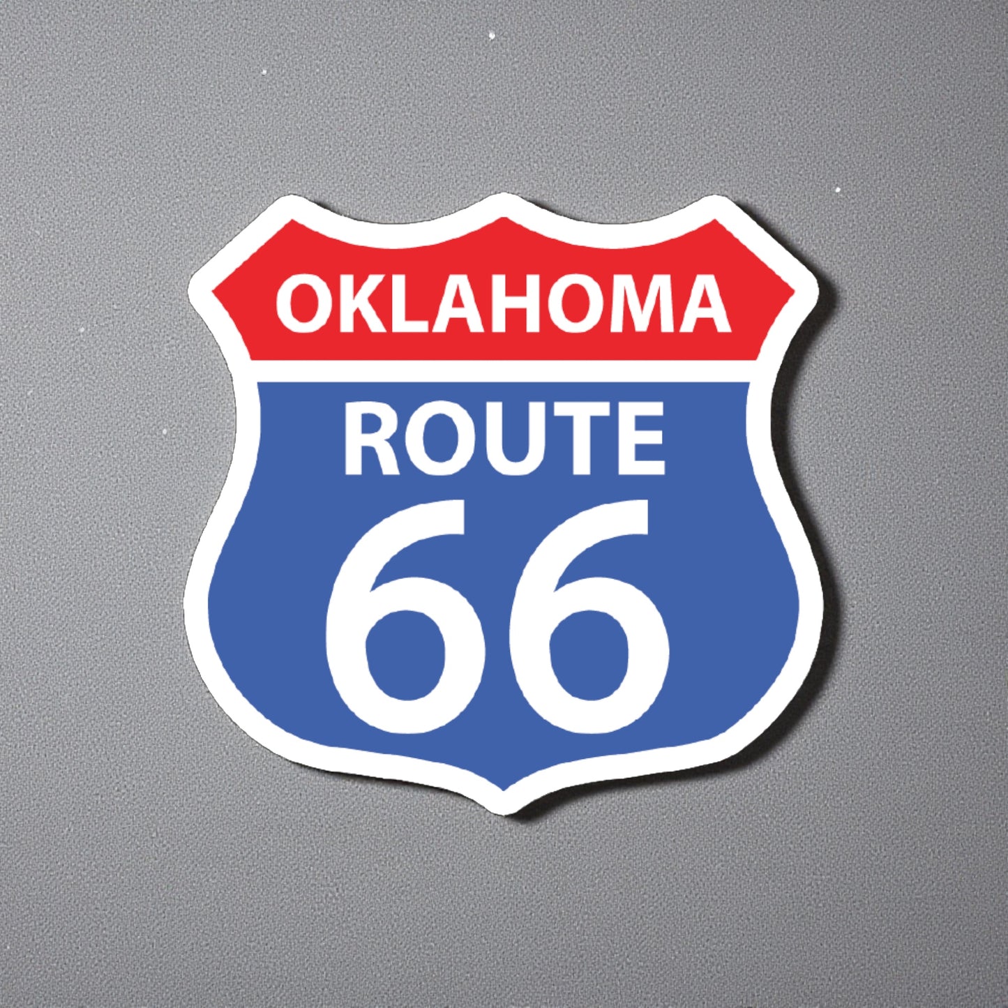 Oklahoma Route 66 vinyl sticker displayed on gray background, traditional Route 66 shield shape travel sticker for Tulsa and Oklahoma souvenir shops