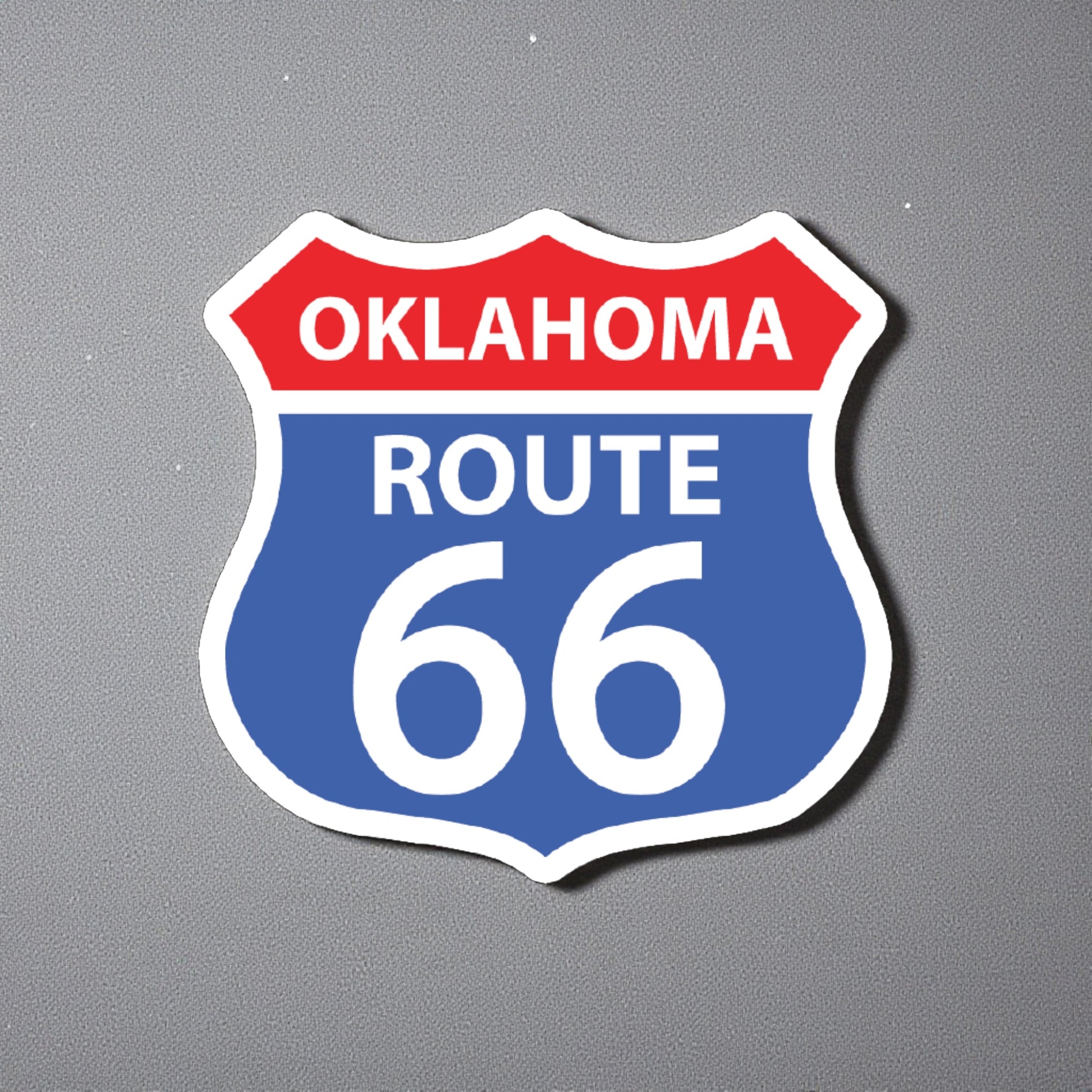 Oklahoma Route 66 vinyl sticker displayed on gray background, traditional Route 66 shield shape travel sticker for Tulsa and Oklahoma souvenir shops