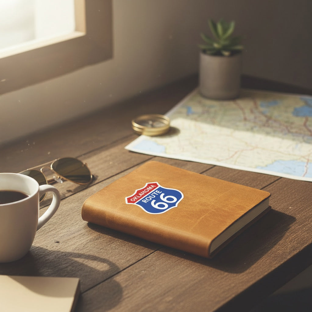 Oklahoma Route 66 shield vinyl sticker applied to leather travel journal on wooden desk with map and coffee, road trip souvenir sticker for Oklahoma travelers