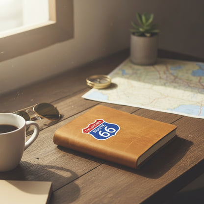 Oklahoma Route 66 shield vinyl sticker applied to leather travel journal on wooden desk with map and coffee, road trip souvenir sticker for Oklahoma travelers
