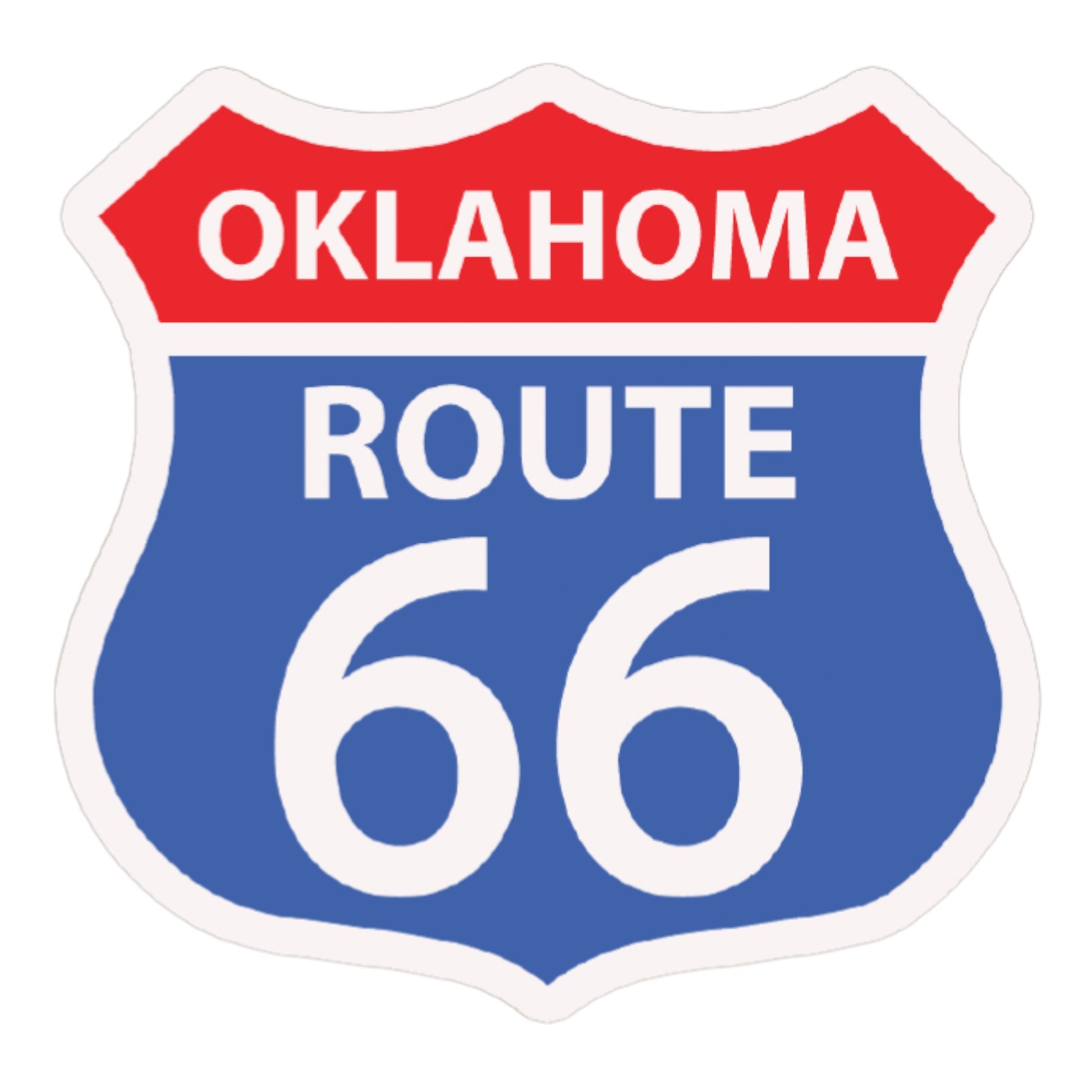 Oklahoma Route 66 shield vinyl sticker in red white and blue with classic highway sign design, die cut Oklahoma road trip souvenir decal