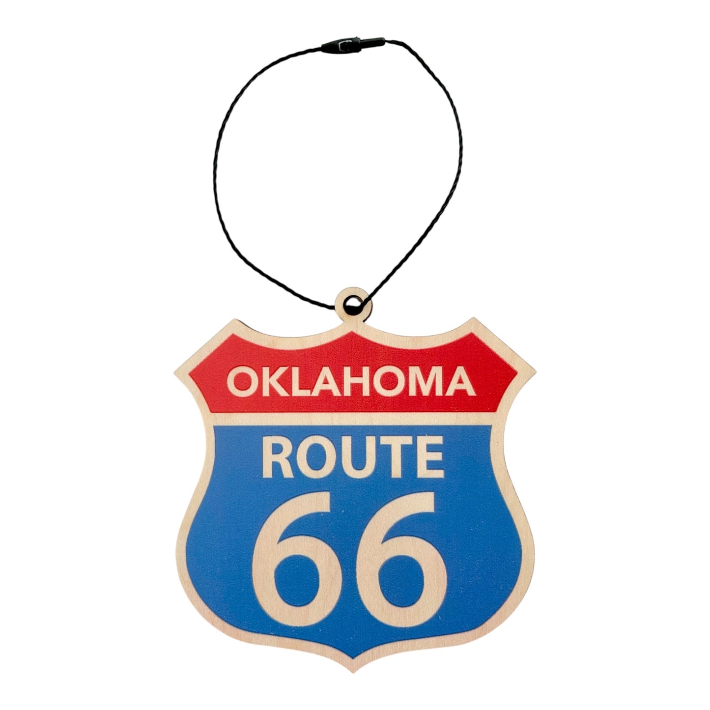 Oklahoma Route 66 shield wood ornament with vintage red white and blue highway sign design and black hanging cord, laser cut Route 66 travel souvenir ornament