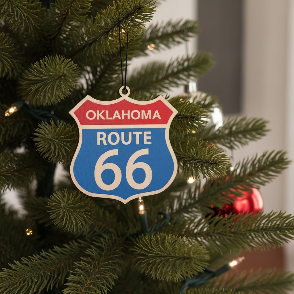 Oklahoma Route 66 wooden ornament hanging on a Christmas tree with warm lights, vintage highway sign holiday ornament for Route 66 travelers and souvenir collectors